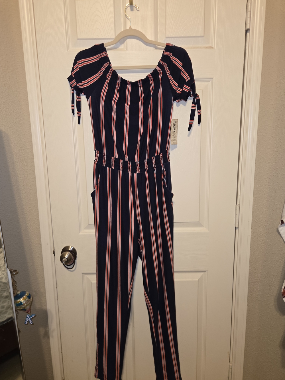 Derek Heart Navy Jumpsuit with Red Stripes